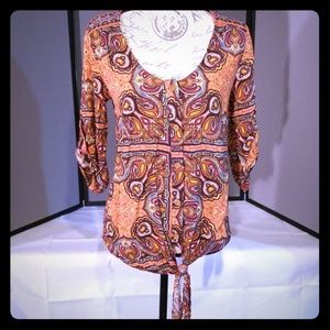 Daytrip Orange Paisley Tie-Front Hi-Lo Button Down Top - Sz M